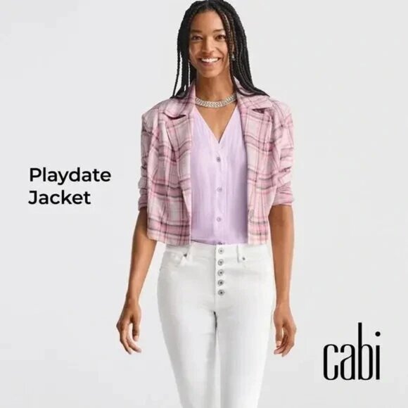 Women's CABI Playdate Crop Jacket Small Style# 6257 Tailored Plaid,One Button - Picture 1 of 12